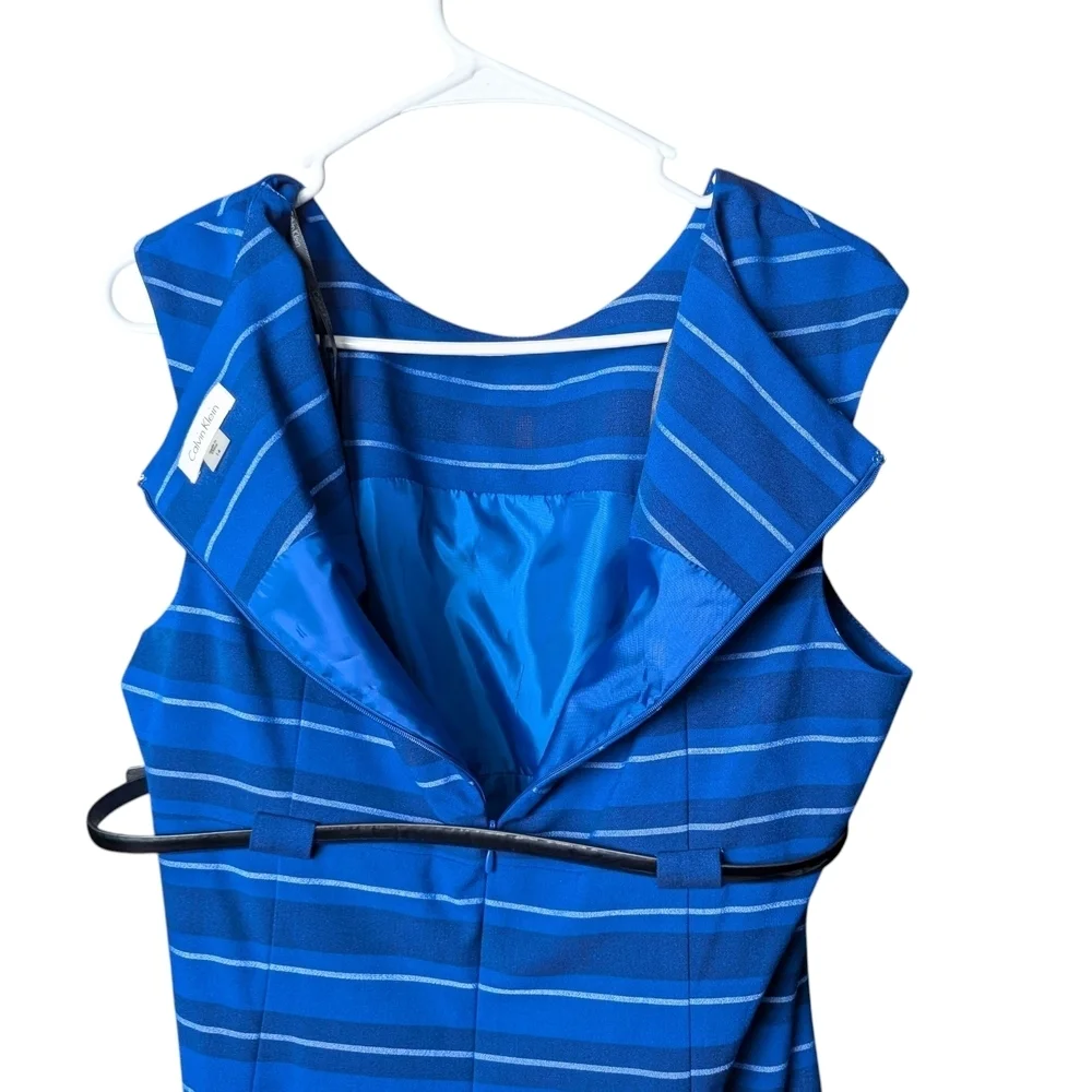 New Calvin Klein Blue White Striped Sleeveless Midi Dress Belt Business Class - Picture 6 of 11